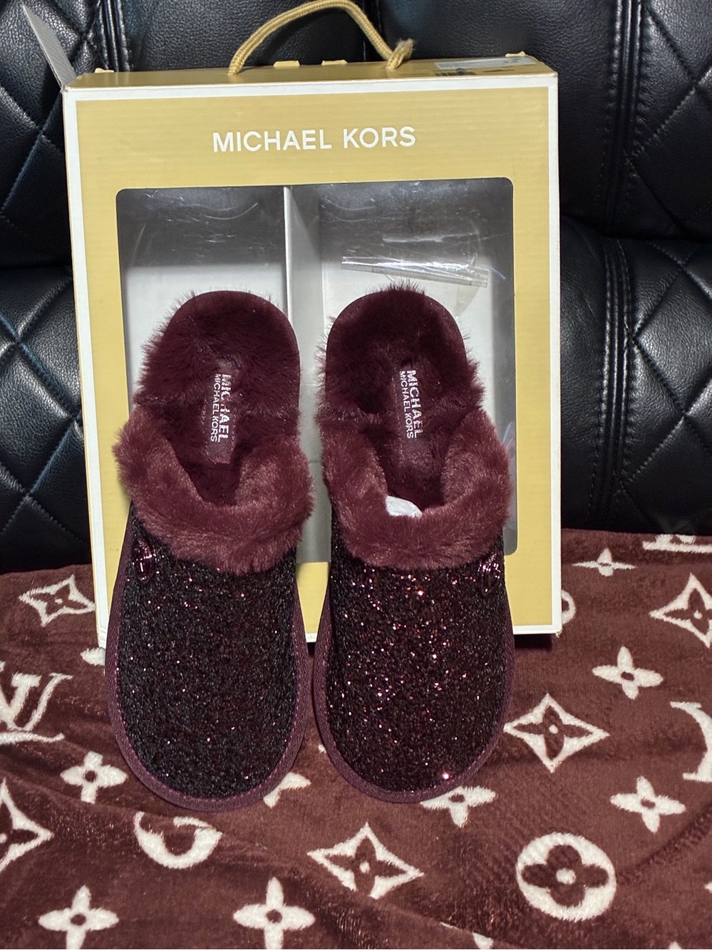 Michael Kors Wine Glitter Faux-Fur Slide house slippers